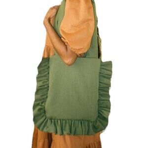 Bronze Age Women’s OS Kale Green Ravioli Ruffle Tote Bag Satchel 100% Cotton NWT